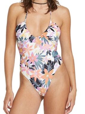 Volcom White Floral One-Piece Swimsuit with Peach and Black Accents